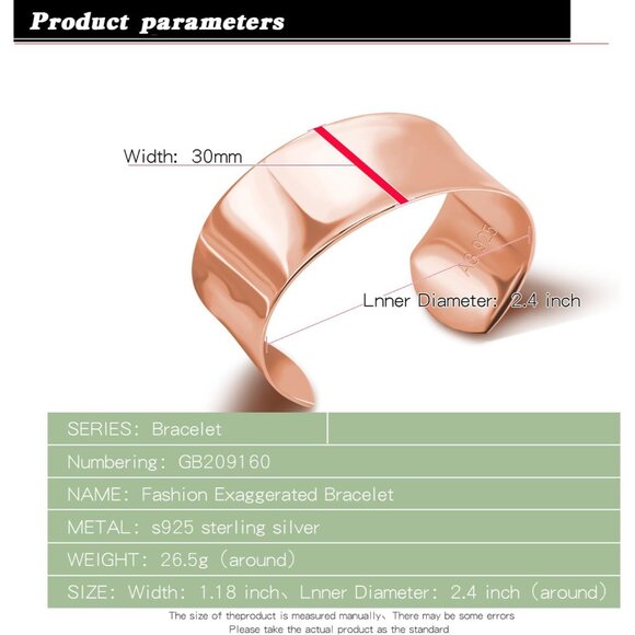Women 925 Silver Curved Bangle 30MM Wide Rose Gold Plated Adjustable Jewelry Gif - Picture 3 of 7